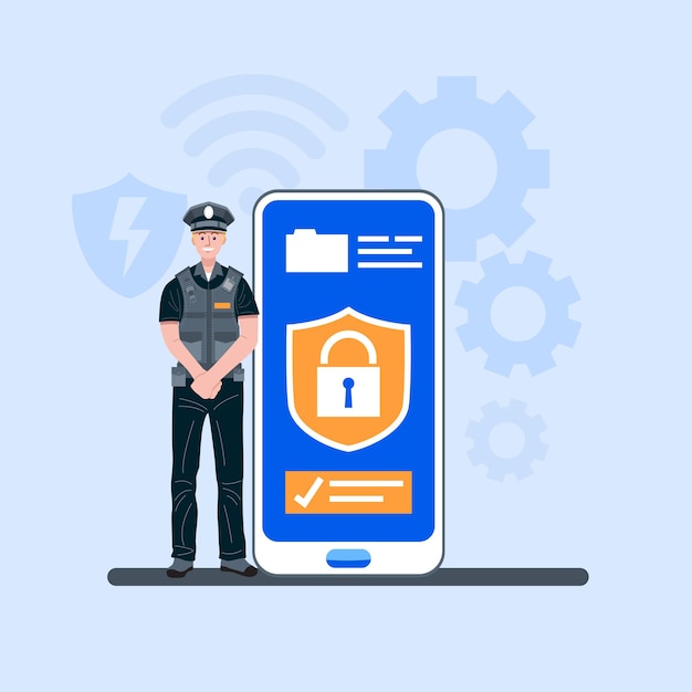 Vector cyber data protection online concept , security guard standing and mobile phone.