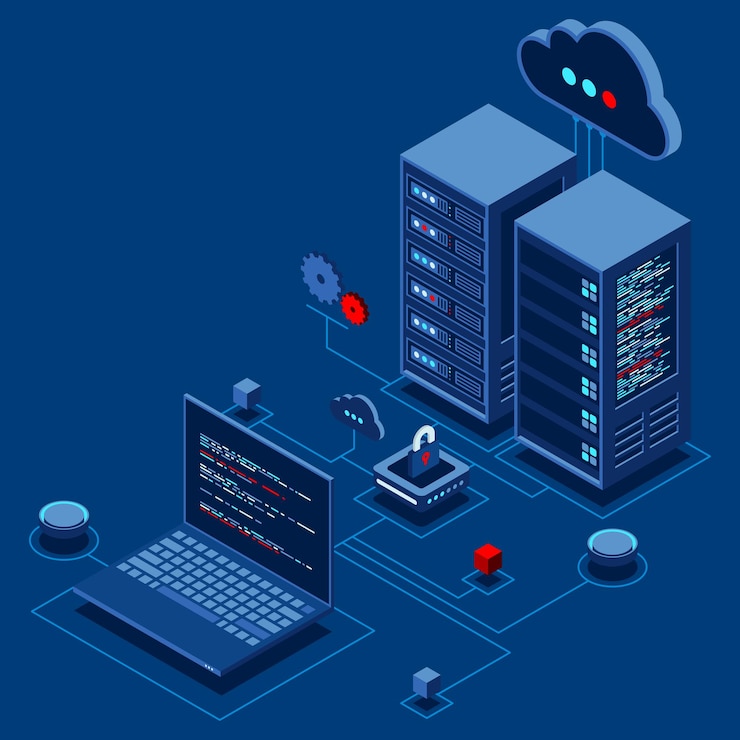 Vector cyber data security internet security isometric concept server room connected with laptop through protected hub computing internet digital technology isometric technology