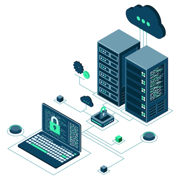 Vettore sicurezza dei dati informatici concetto isometrico di sicurezza internet sala server collegata al laptop tramite hub protetto computing internet tecnologia digitale illustrazione vettoriale