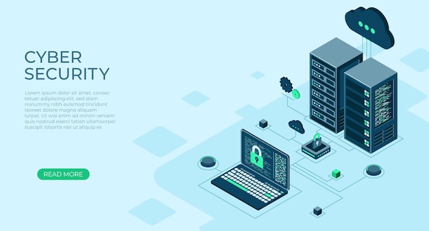 Cyber data security Internet security isometric concept Server room connected with laptop through protected hub Online server protection system concept Vector illustration