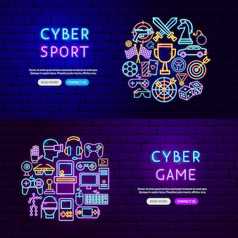 Banner al neon del gioco informatico. illustrazione vettoriale di promozione del computer.