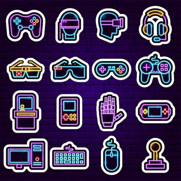 Вектор cyber game neon stickers векторная иллюстрация продвижения технологий