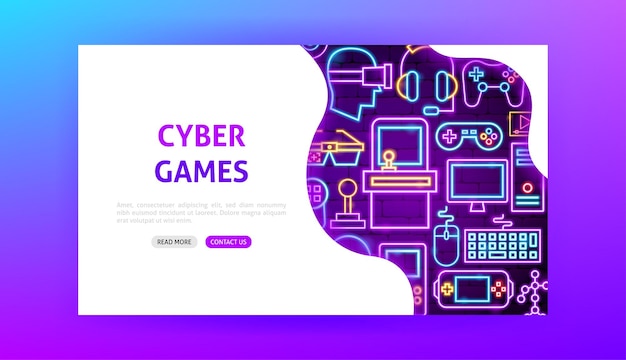 Cyber games neon-bestemmingspagina. vectorillustratie van computerpromotie.