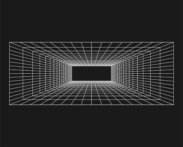 Vector cyber grid retro punk perspectief rechthoekige tunnel grid tunnel geometrie op zwarte achtergrond vectorillustratie