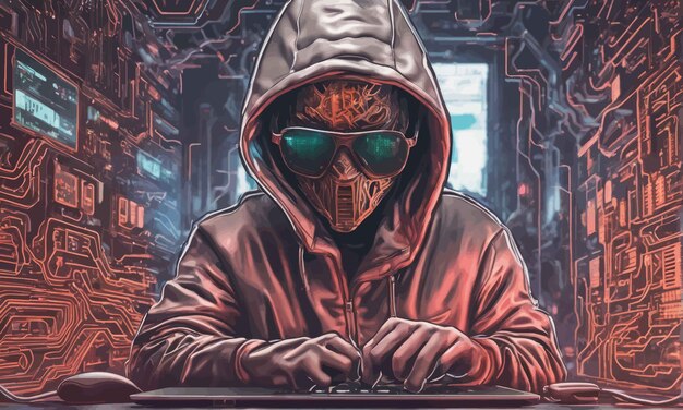 Vettore hacker informatico con un computer hacker informatico con un hacker che indossa maschera e cappuccio hacker con