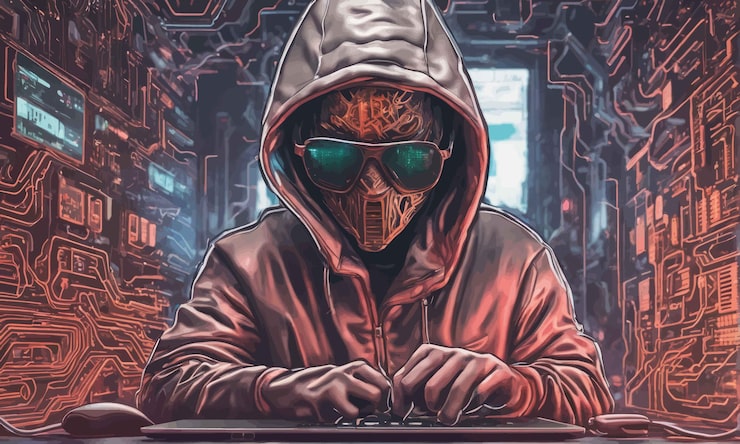 Vector cyber hacker with a computer cyber hacker with a computer hacker wearing mask and hood hacker with