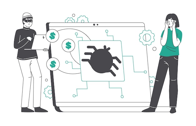 Illustrazione vettoriale piatta del concetto di cyber crimine di pirateria informatica e phishing