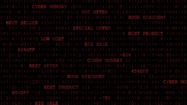 Cyber maandag achtergrond van nullen en inscripties in donkerrode kleuren