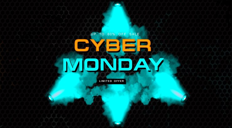 Vector cyber monday advertising banner with neon sign and green neon smoke on dark cyber background