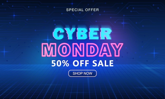 Cyber monday advertising glowing banner with shop now button and neon text 50 off sale promo poster