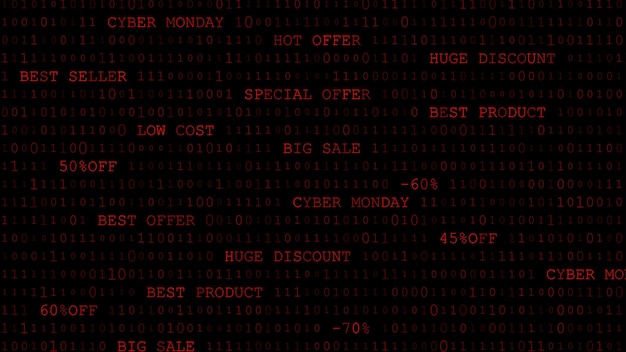 Cyber monday background of zeros ones and inscriptions in dark red colors