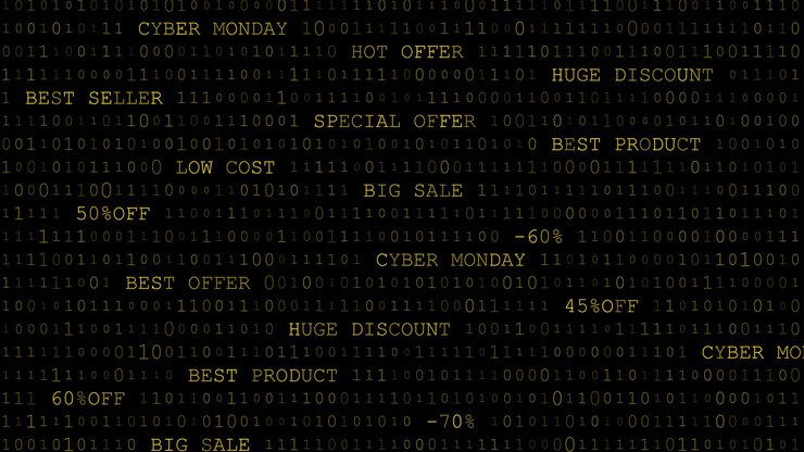Vector cyber monday background of zeros ones and inscriptions in dark yellow colors