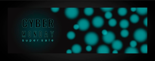Cyber Monday banner super sale, blauw en zwart. Commerciële kortingsbanner, met blauwe wazige bollen
