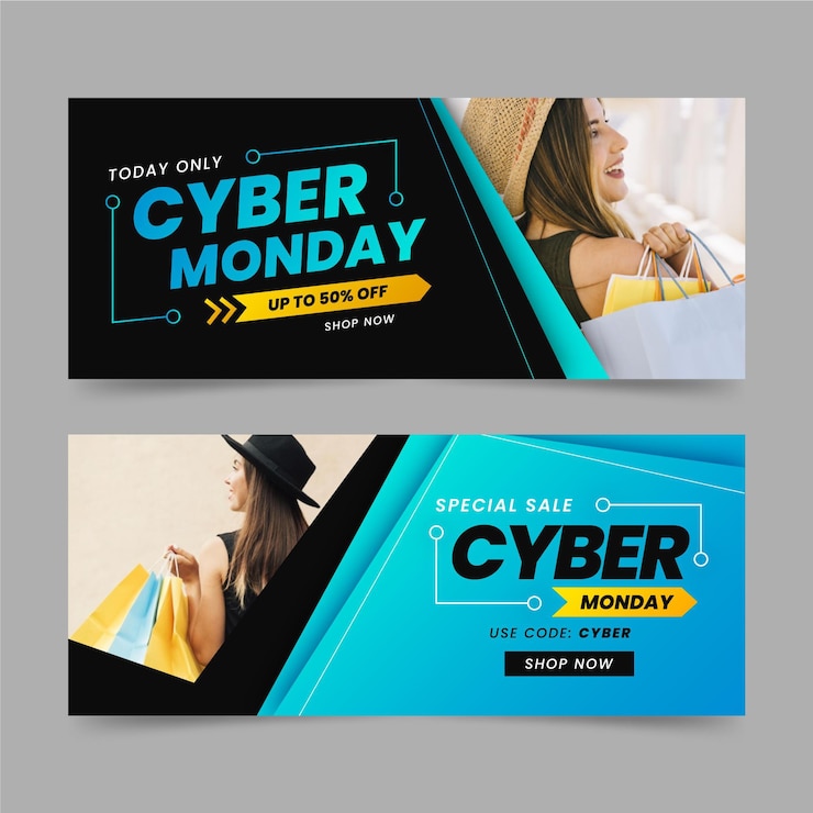Vector cyber monday banners with photo in flat design