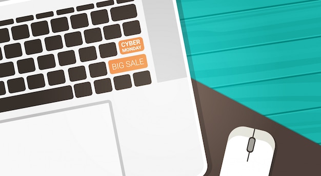 Vector cyber monday big sale button on computer keyboard and mouse on wooden background, technology shopping discount concept