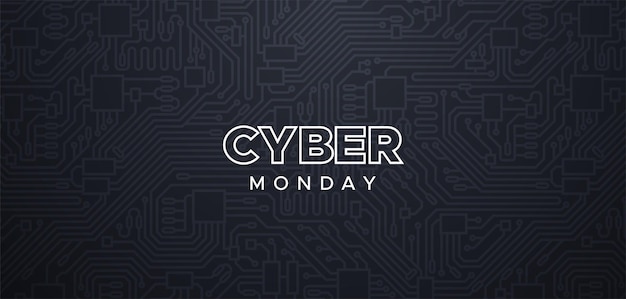 ベクトル サイバー・マンデー(cyber monday)の商業イベント 販売バナーデザイン 毎年恒例の電子製品販売 ベクトルイラスト 黒い背景のタイポグラフィー・サインと回路板のパターン