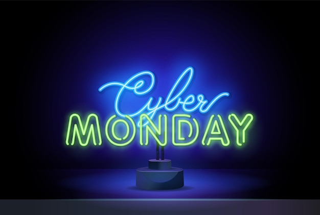 Cyber monday concept banner in neon style luminous signboard nightly advertising of sales rebates of...