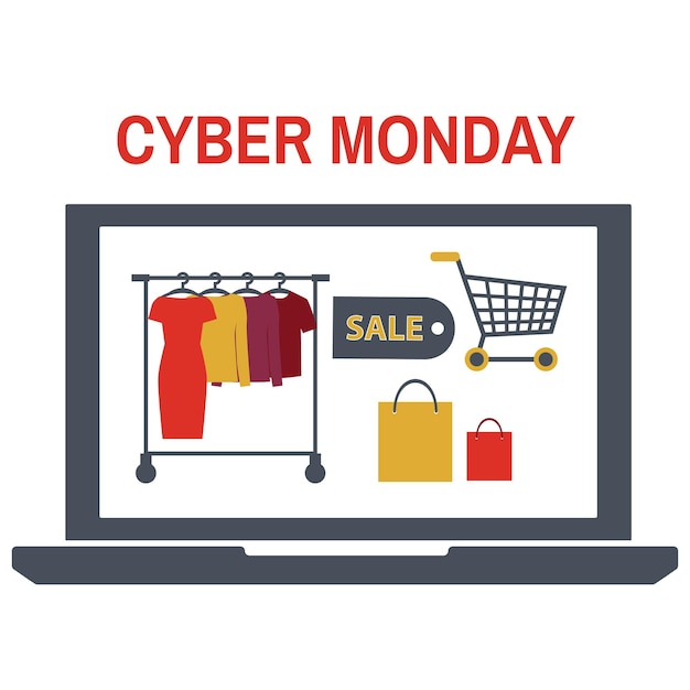 Concetto di cyber monday con design di icone di e-commerce, illustrazione vettoriale