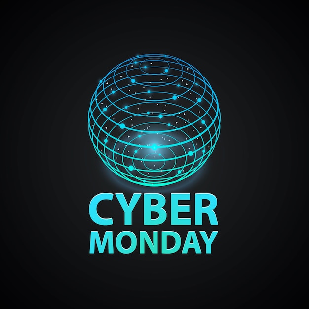 Copertina del cyber monday. icona del logo del segno di rete internet sullo sfondo nero. illustrazione vettoriale