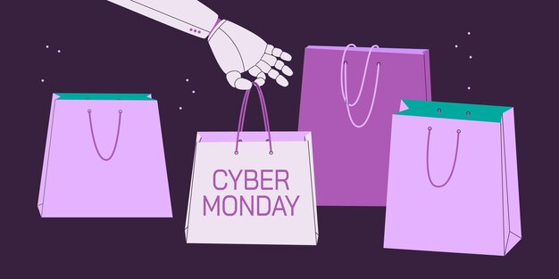 Vector cyber monday the hand of the robot or cyber hand holds a gift bag with the inscription vector banner