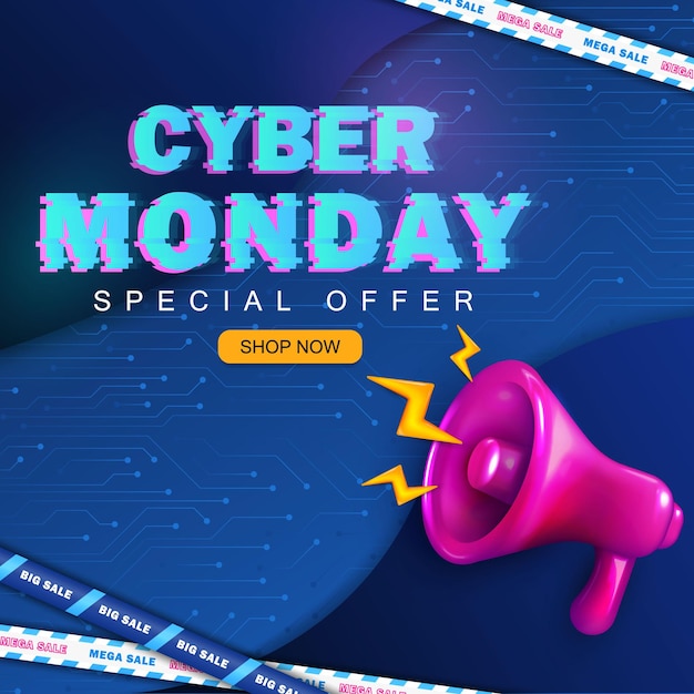 Cyber Monday hitech vierkante banner met glitched tekst verkoop linten en roze luidspreker Promo post