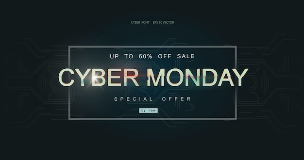 Iscrizione del cyber monday in stile glitch distorto su sfondo nero banner di sconto pubblicitario per font cyber font dell'autore digitale