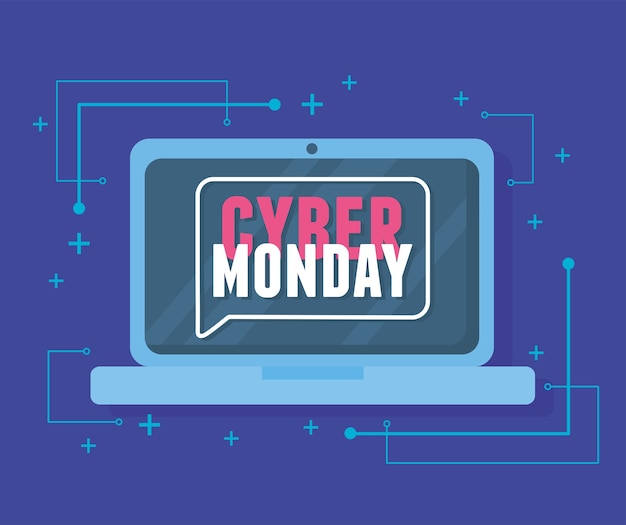 Cyber monday, laptop advertising message virtual vector illustration