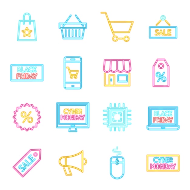 Cyber monday neon icons isolated