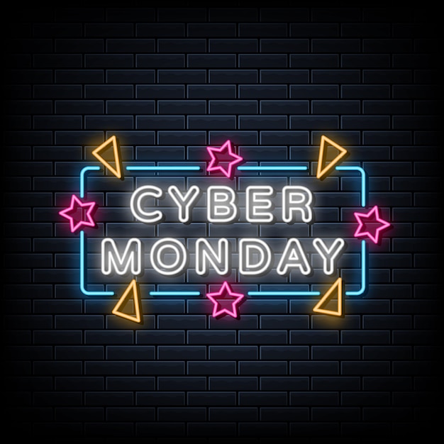 Cyber monday neon sign, light banner, announcement neon signboard.