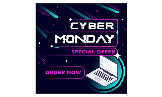 Vettore cyber monday offerta in colori scuri nello spazio con laptop post per instagram facebook linkedin e tw