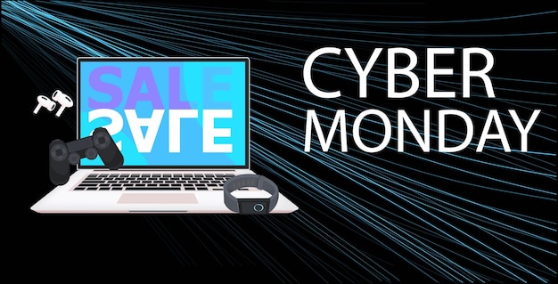 Vettore cyber monday vendita online poster volantino pubblicitario vacanze shopping promozione banner sconto concetto orizzontale illustrazione vettoriale