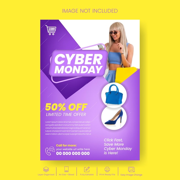 Cyber Monday print flyer or poster template for Online Shopping Fashion Ecommerce products sale ad