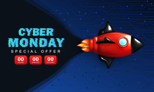 Cyber Monday promo banner with rocket glitched neon text and special offer super sale countdown