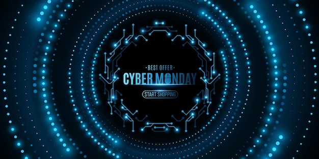 Cyber monday sale banner circoli digitali di punti blu luminosi con cornice di scheda di circuito sci-fi evento tecnologico aziendale illustrazione vettoriale eps 10