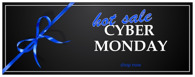Cyber Monday sale banner with blie bow and ribbons on black background Vector illustration for posters flyers or cards