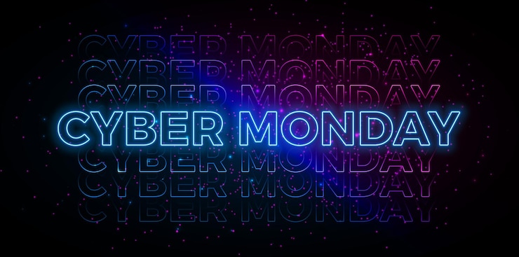 Vector cyber monday sale banner with glowing neon light typography modern holiday season minimal design