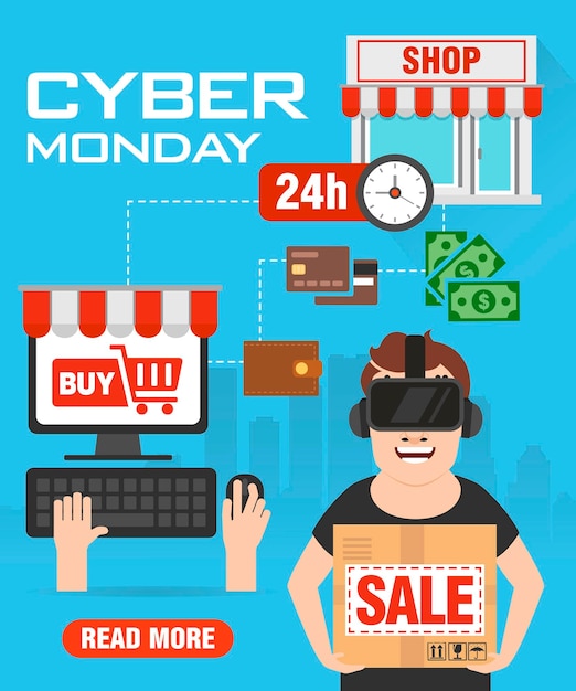 Vettore concetto di vendita di cyber monday design piatto poster di promozione di cyber monday, flyer, banner, sito web, illustrazione vettoriale