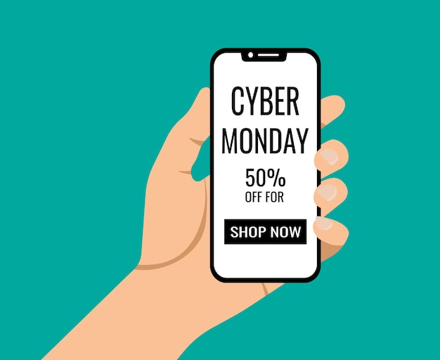 Cyber Monday sale Hand holding smartphone with Cyber Monday sale on screen Vector illustration
