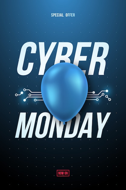 Cyber monday sale poster with blue shiny balloon and text.