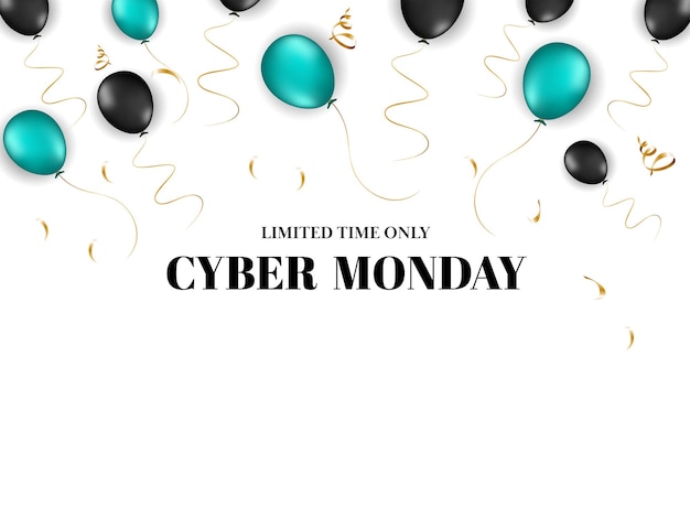 Cyber monday sale posterontwerp met glanzende ballonnen en gouden confetti op witte achtergrond