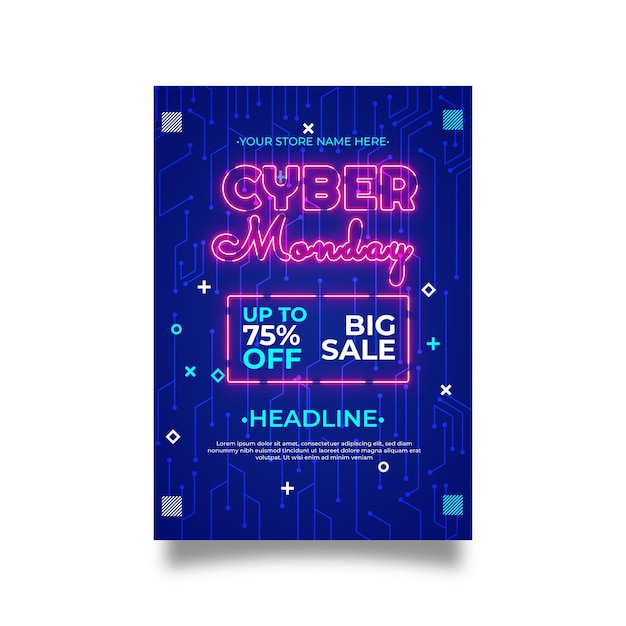 Cyber Monday Sale special offer poster with neon style and brick wall Background
