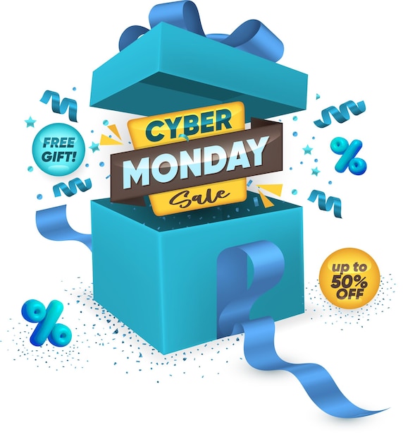 Vector cyber monday sale tekst met realistische open cadeau doos confetti en lint op witte achtergrond