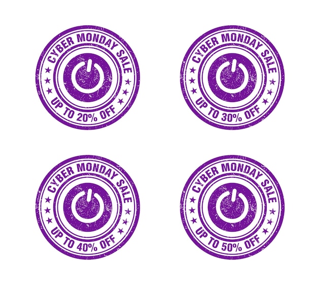 Vector cyber monday sale violet grunge stamp set sale 20 30 40 50 percent off