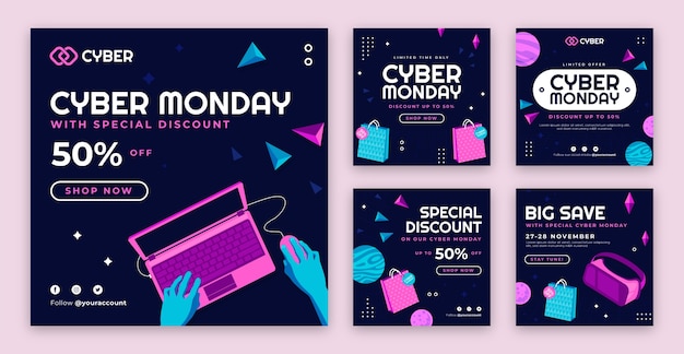 Vettore raccolta di post di instagram di vendita del cyber monday