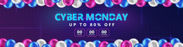 Cyber Monday Scifi 80s panoramische banner met verkoop countdown 3d glanzende ballonnen en neontekst