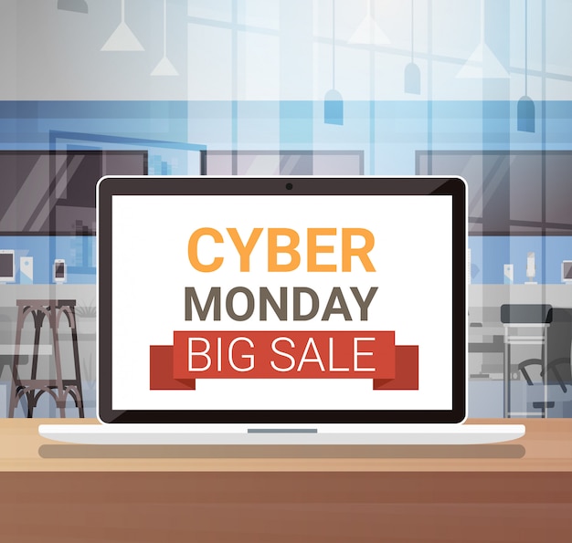 Cyber monday sign on laptop monitor big sale banner design