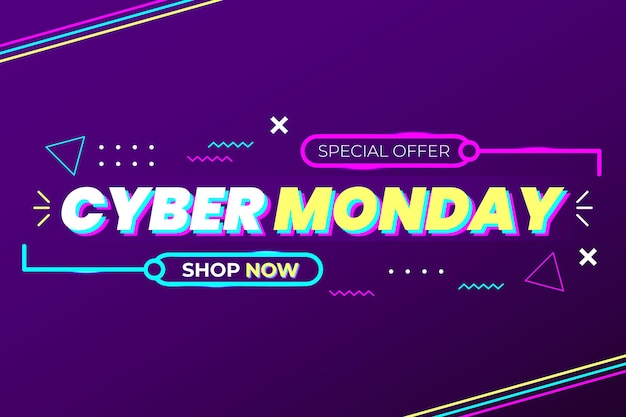 Cyber monday special offer with abstract shape and lighting lines dark purple gradient vector design modern style