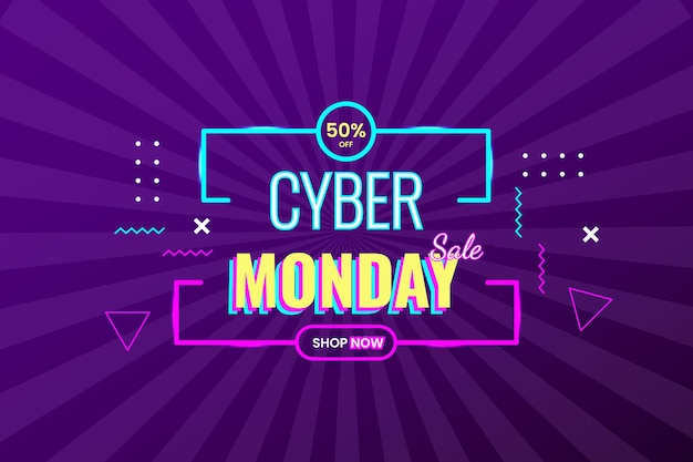 Offerta speciale cyber monday con forma astratta e linee di illuminazione di sfondo retrò viola scuro gradiente vettoriale design stile moderno