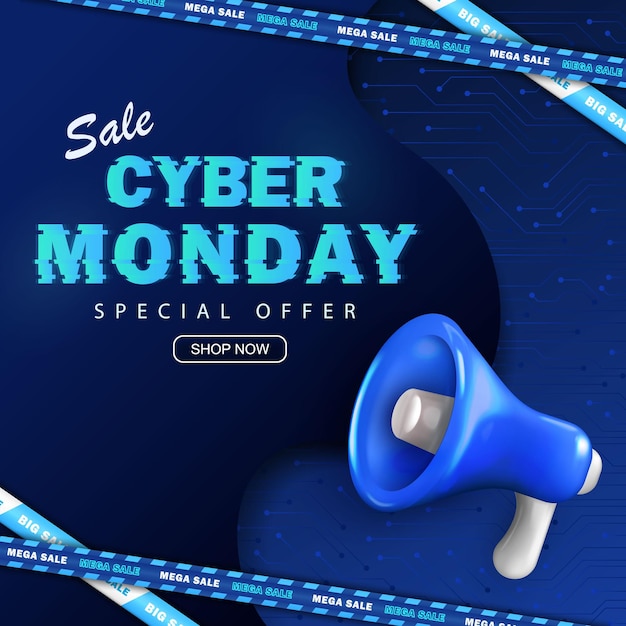 Cyber Monday square banner with glitched text sale ribbons and blue loudspeaker Discount poster