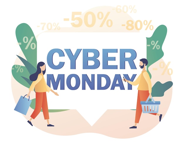 Cyber monday-verkoop kleine mensen die online winkelen grote uitverkoopactie speciale aanbiedingsprijs